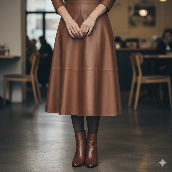 차분한 브라운 톤의 A라인 레더 스커트를 입은 여성의 하반신 클로즈업