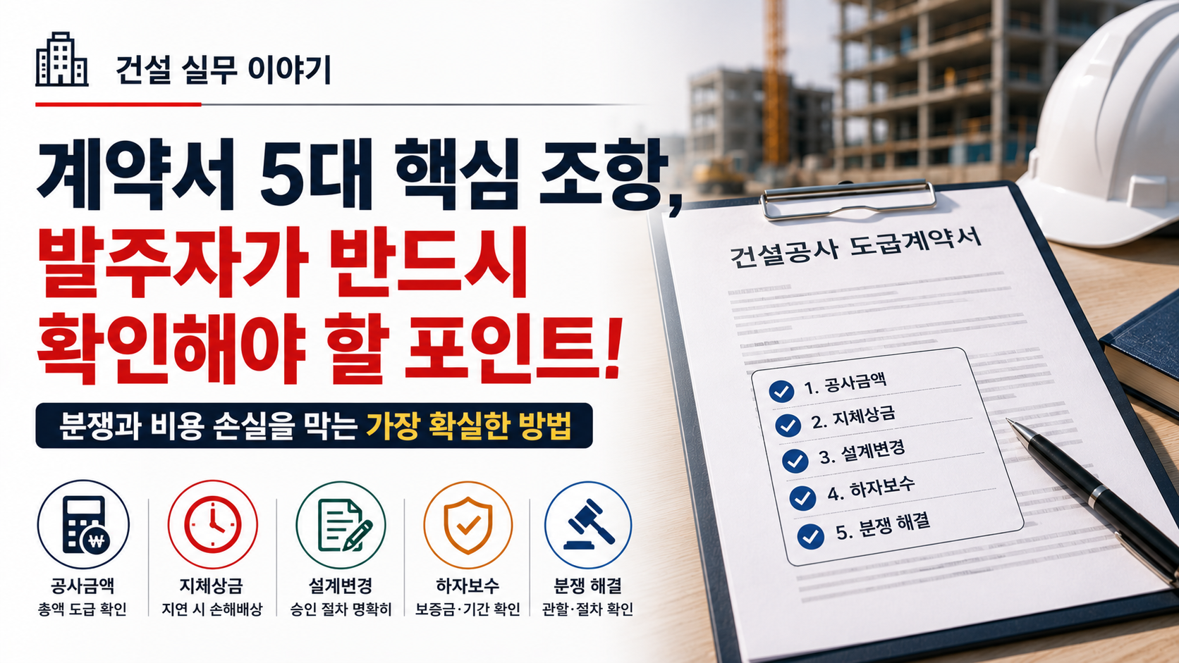 건설 계약서에서 발주자가 반드시 확인해야 할 핵심 조항을 설명하는 이미지