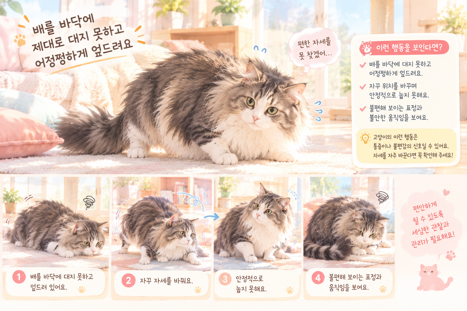 배를 바닥에 대지 못하고 어정쩡하게 엎드려 있는 고양이