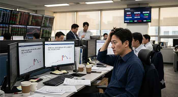 급등 후 하락한 주식 차트를 보며 고뇌하는 트레이더.