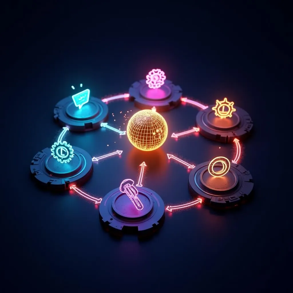 바이브코딩-대화로 앱 만들기: 바이브 코딩의 순환 워크플로우를 표현한 3D 일러스트. 중앙의 황금빛 AI 코어를 중심으로 프롬프트&amp;#44; 계획&amp;#44; 생성&amp;#44; 실행&amp;#44; 개선 단계가 네온 화살표로 연결되어 순환하는 구조 (vibe coding workflow&amp;#44; AI iterative loop&amp;#44; circular development process) 