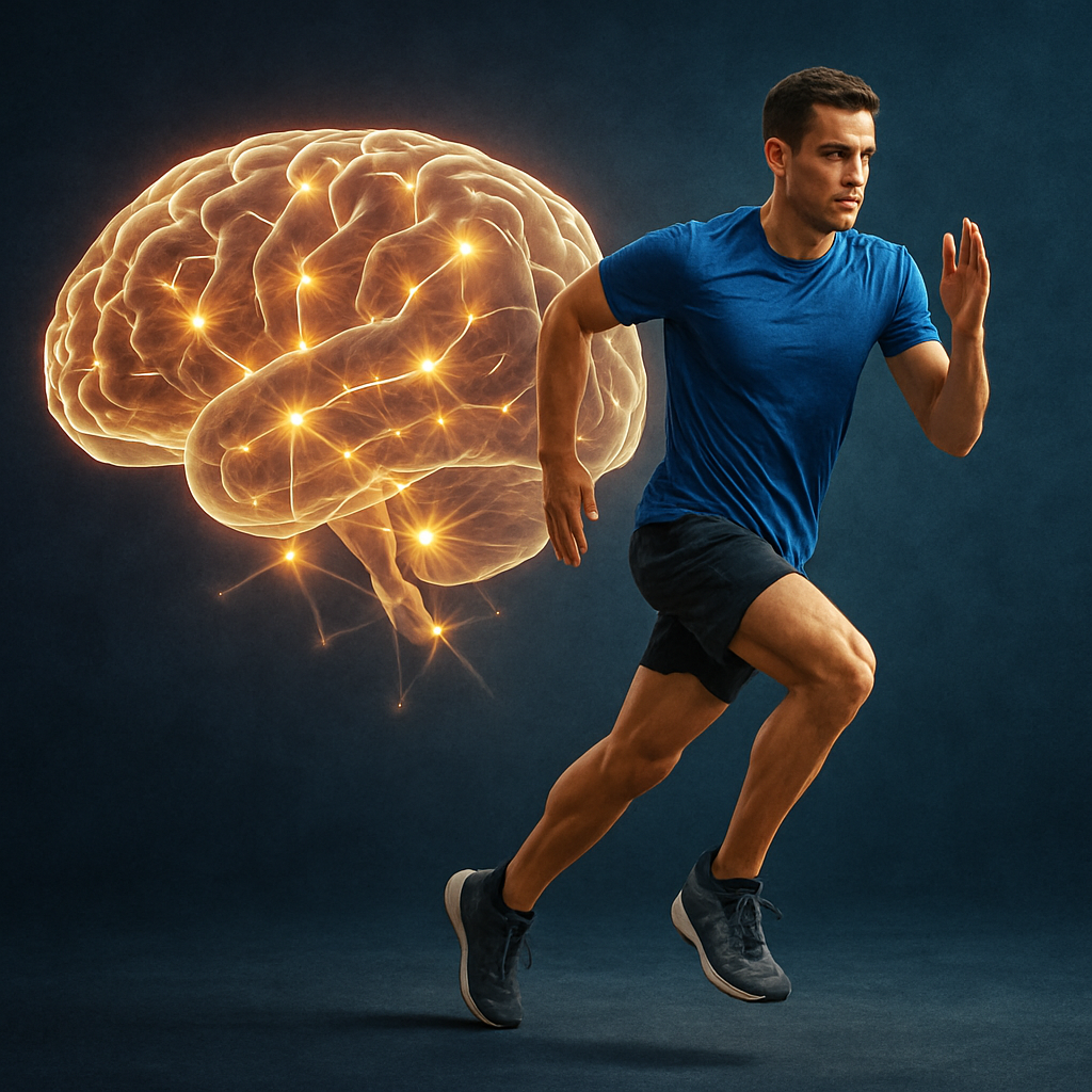 이 이미지는 운동 중인 남성의 모습과 함께 뇌의 신경 연결이 강조된 디지털 일러스트레이션이다. 왼쪽에는 뇌의 세포들이 빛나는 연결로 강조되어 있고, 오른쪽에는 달리기를 하는 남성의 동작이 상세히 묘사되어 있다.