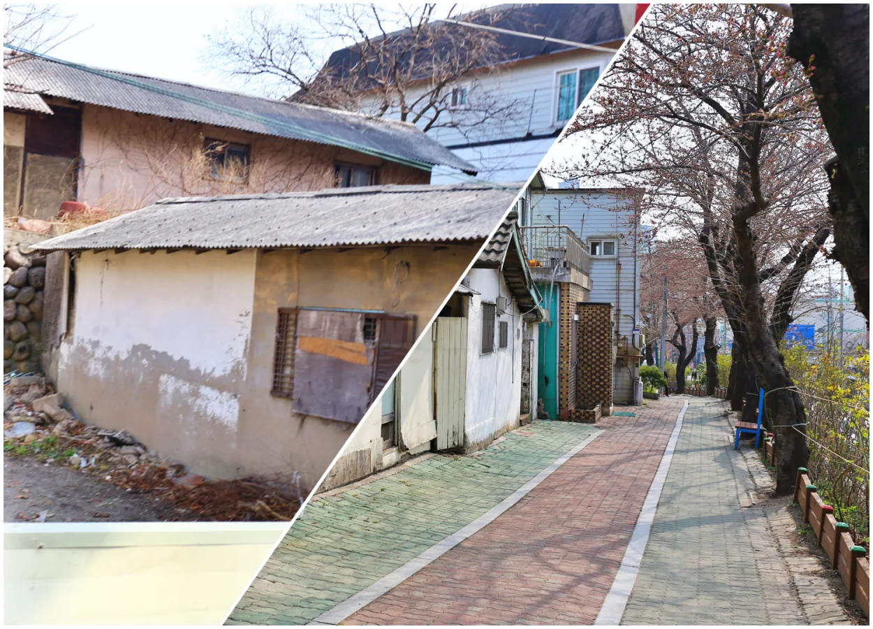 속초시청 주차장에서 속초관광수산시장으로 이어지는 도보 길목의 옛 골목 풍경