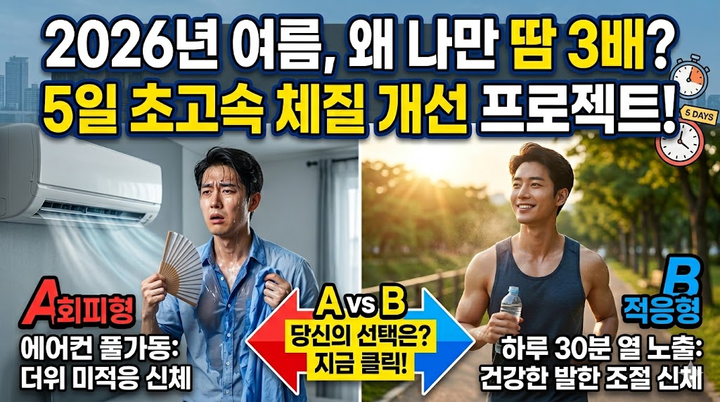 이 이미지는 여름철 더위 극복을 위한 신체 체질 개선 프로젝트를 소개하는 블로그 썸네일입니다. 이미지 상단에는 크고 굵은 흰색 글씨로 "2026년 여름, 왜 나만 땀 3배?"와 그 아래 노란색 글씨로 "5일 초고속 체질 개선 프로젝트!"라는 자극적인 제목이 배치되어 있습니다. 제목 옆으로는 작은 시계 아이콘과 '5 DAYS'라고 적힌 메모가 있어 빠른 효과를 강조합니다.