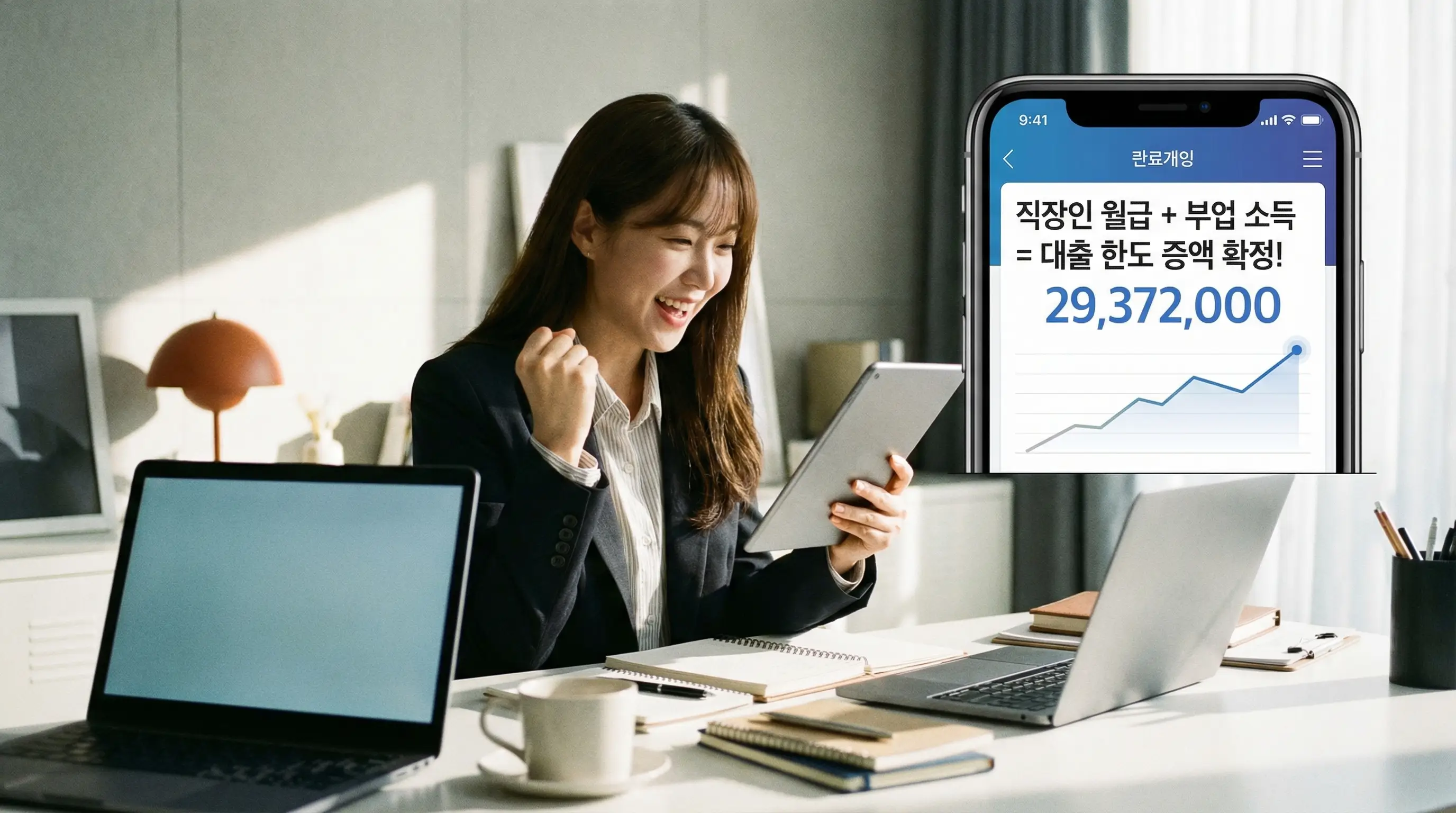 직장인 월급과 부업 소득을 합쳐서 대출 한도가 늘어나는 것을 확인하고 기뻐하는 N잡러의 모습