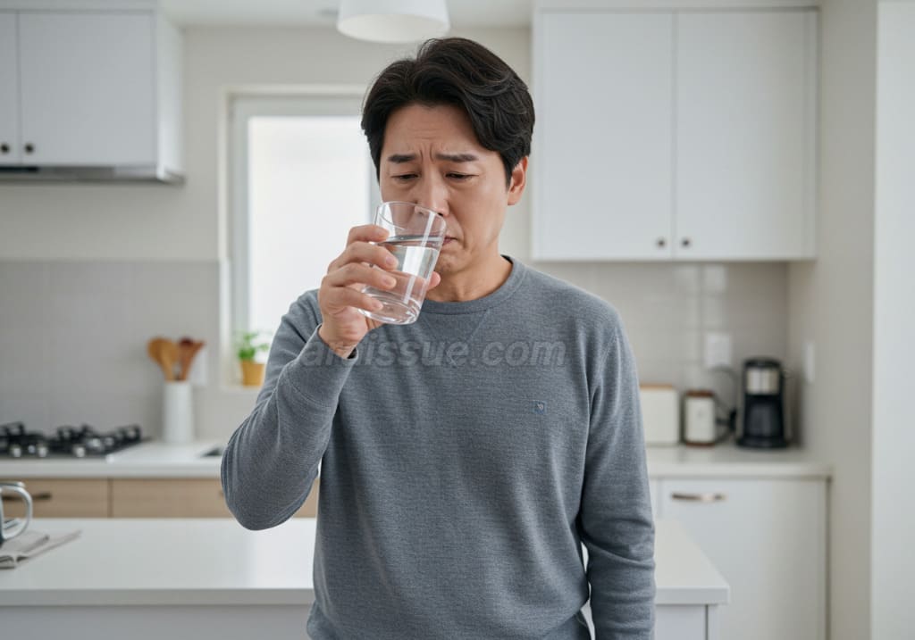 자주 목이 마른 한국인이 밝은 주방에서 물을 마시는 모습. 물을 들고 약간 걱정스러운 표정으로 바라보는 장면입니다.