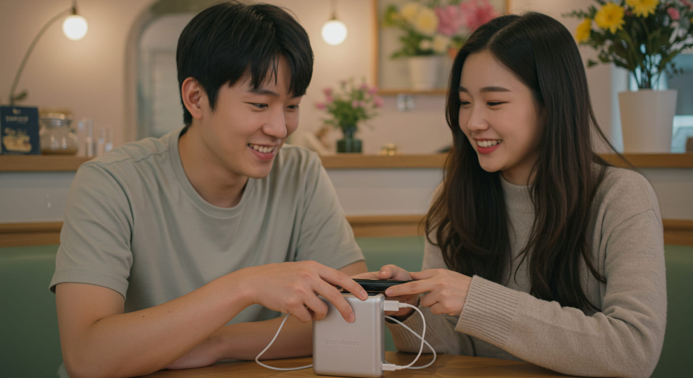 카페에서 보조배터리로 충전하는 귀여운 한국인 커플
