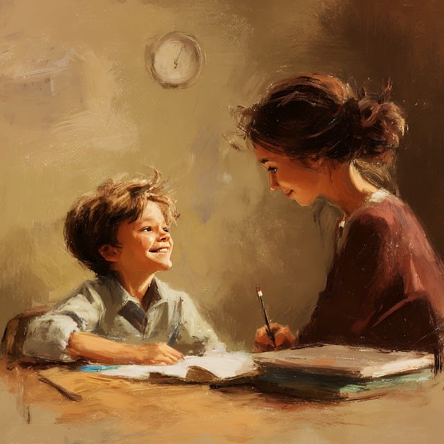 아이와 엄마가 함께 웃으며 공부하는 그림