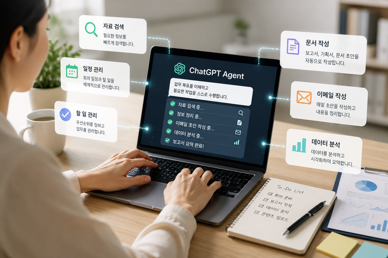 AI를 활용해 문서 작성과 일정 관리, 데이터 분석을 하는 업무 환경