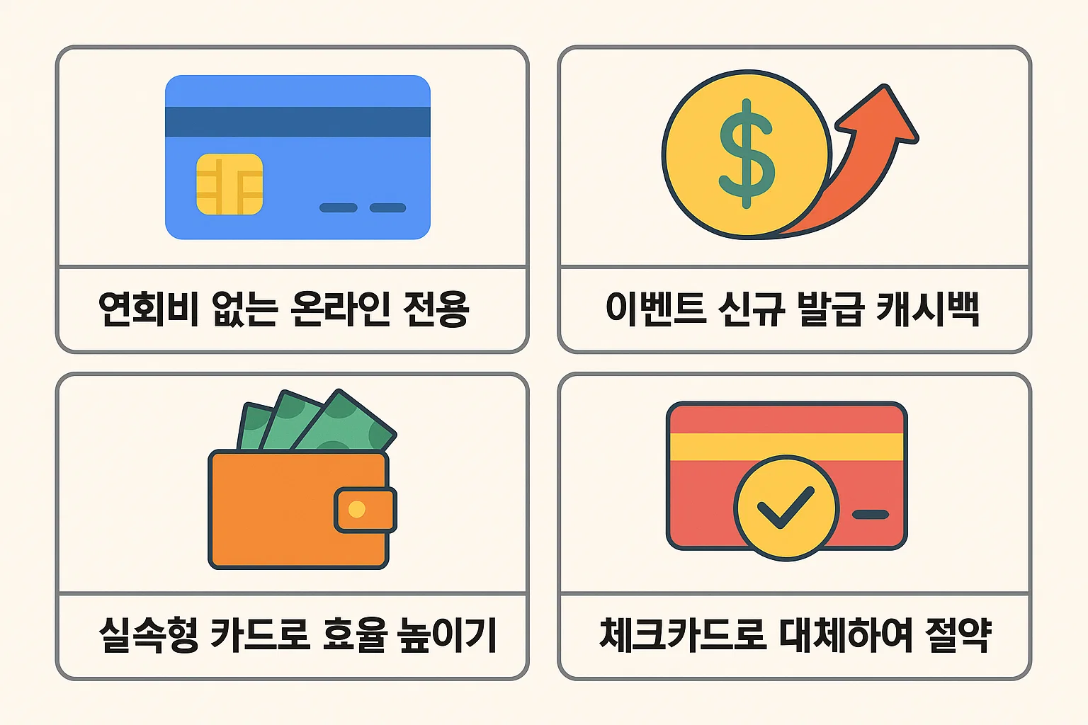 연회비 없는 온라인 전용 카드, 신규 발급 캐시백, 체크카드 활용 등 신용카드 연회비 절약 전략을 소개한 인포그래픽