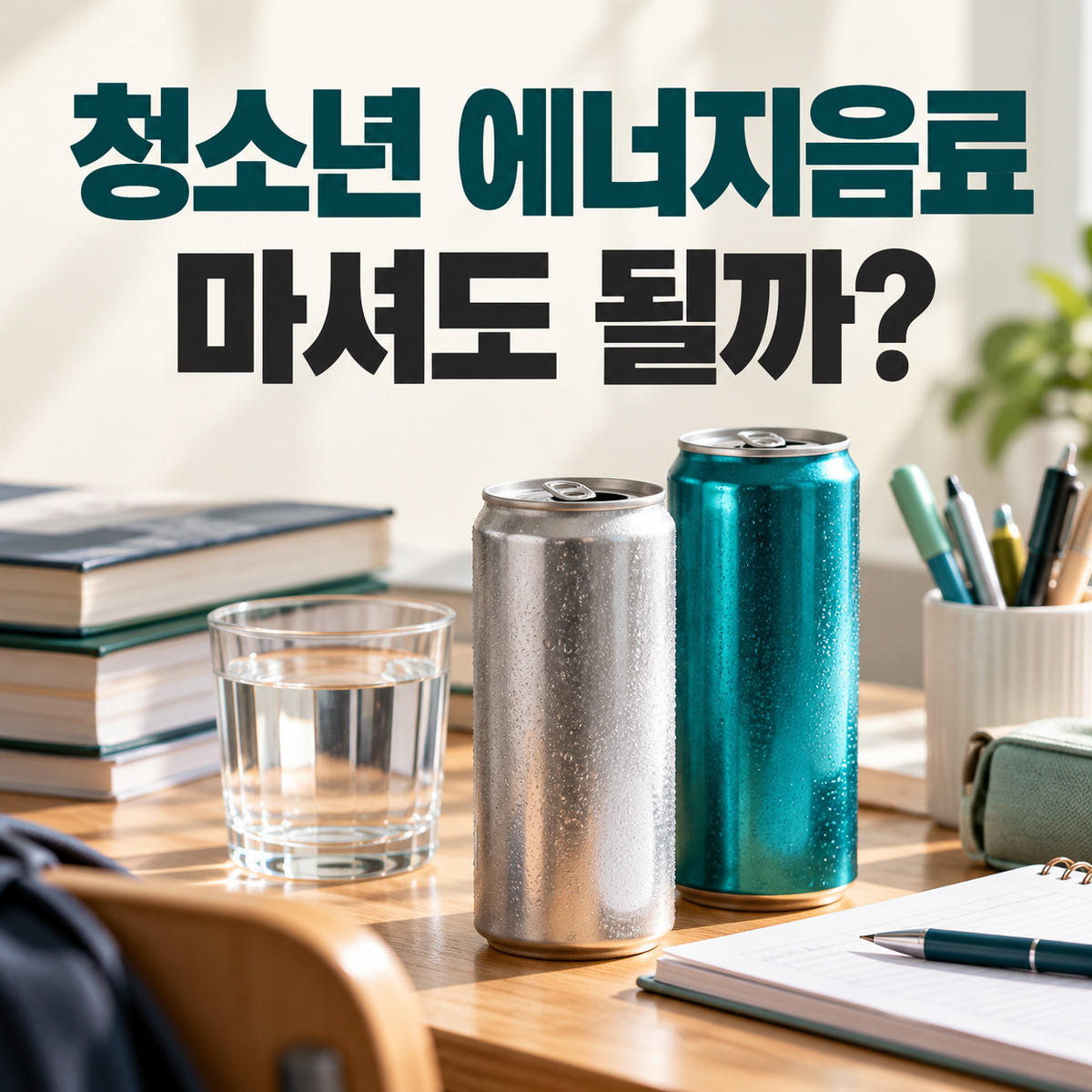 책과 필기구가 놓인 책상 위 에너지음료 캔 두 개와 청소년 섭취 질문 문구