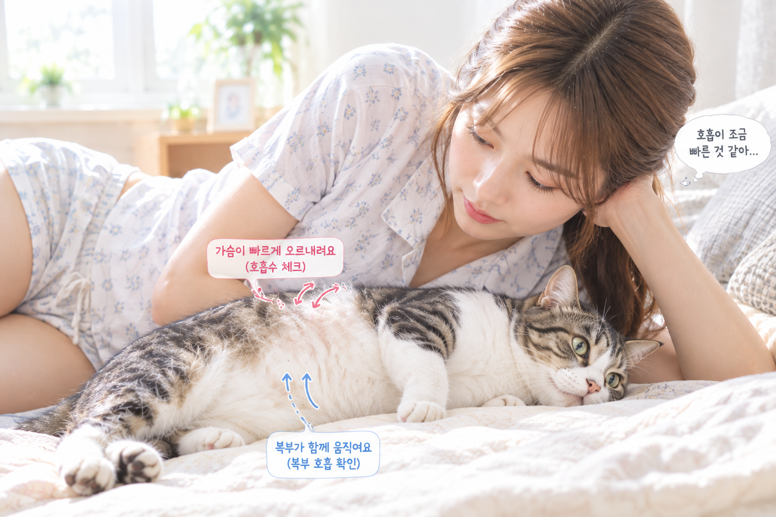 고양이의 호흡과 복부 움직임을 관찰하는 집사