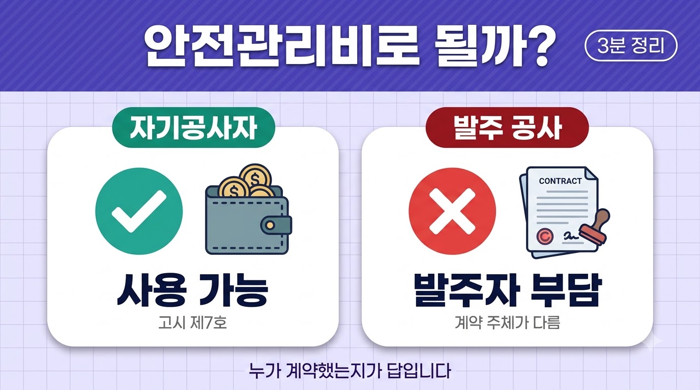 기술지도비를 안전관리비로 쓸 수 있는 경우가 자기공사자로 한정됨을 나타낸 이미지