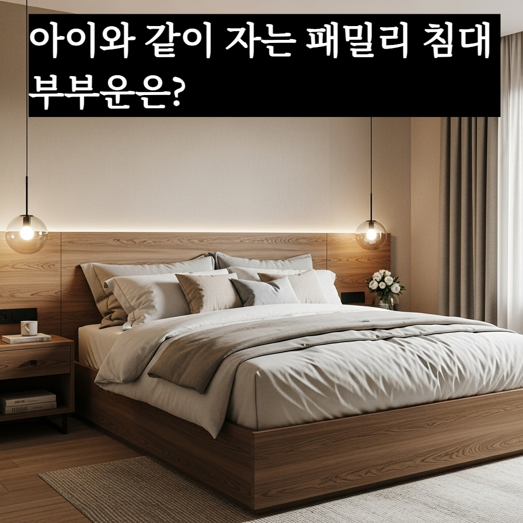 부부와 아이가 함께 사용하는 저상형 패밀리 침대의 풍수 인테리어 배치 예시