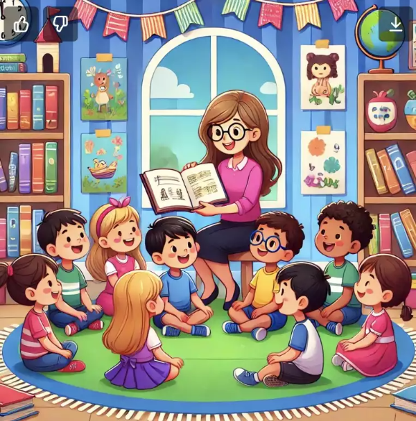 초등학교 어린이들이 다채로운 양탄자에 앉아, 아늑하고 밝은 교실에서 그림책을 읽어주는 선생님의 말을 경청하는 모습을 보여주는 그림. 어린이들이 열중하고 흥분하며, 이는 조기 독서 교육의 중요성을 강조합니다. 교실은 아동 도서와 교육 포스터로 가득 찬 책장으로 장식되어 있습니다.