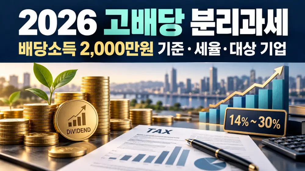 2026 고배당 분리과세 제도의 배당소득 2,000만원 기준, 14~30% 세율과 대상 기업 확인법을 표현한 금융 세금 분석 썸네일