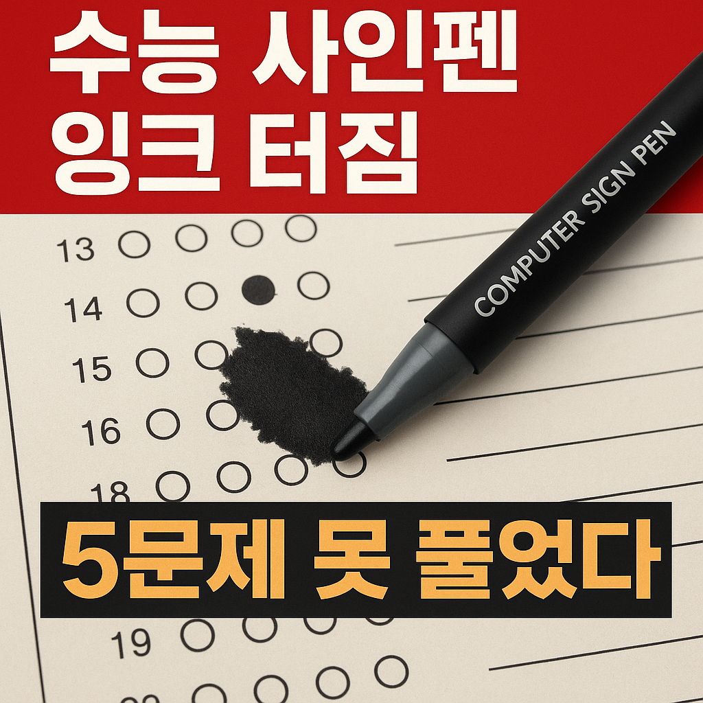 “수능 시험장에서 사인펜 잉크 번짐 사고로 혼란을 겪는 수험생을 묘사한 그래픽 이미지, 수능 사인펜 불량 논란을 표현한 장면”