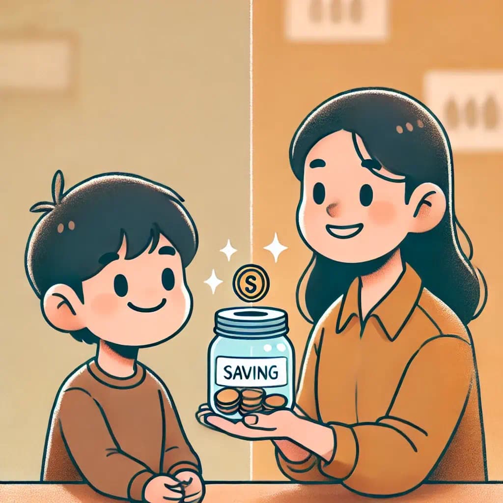 저축이 되고 있는 것을 가르쳐주고있는 엄마의 모습