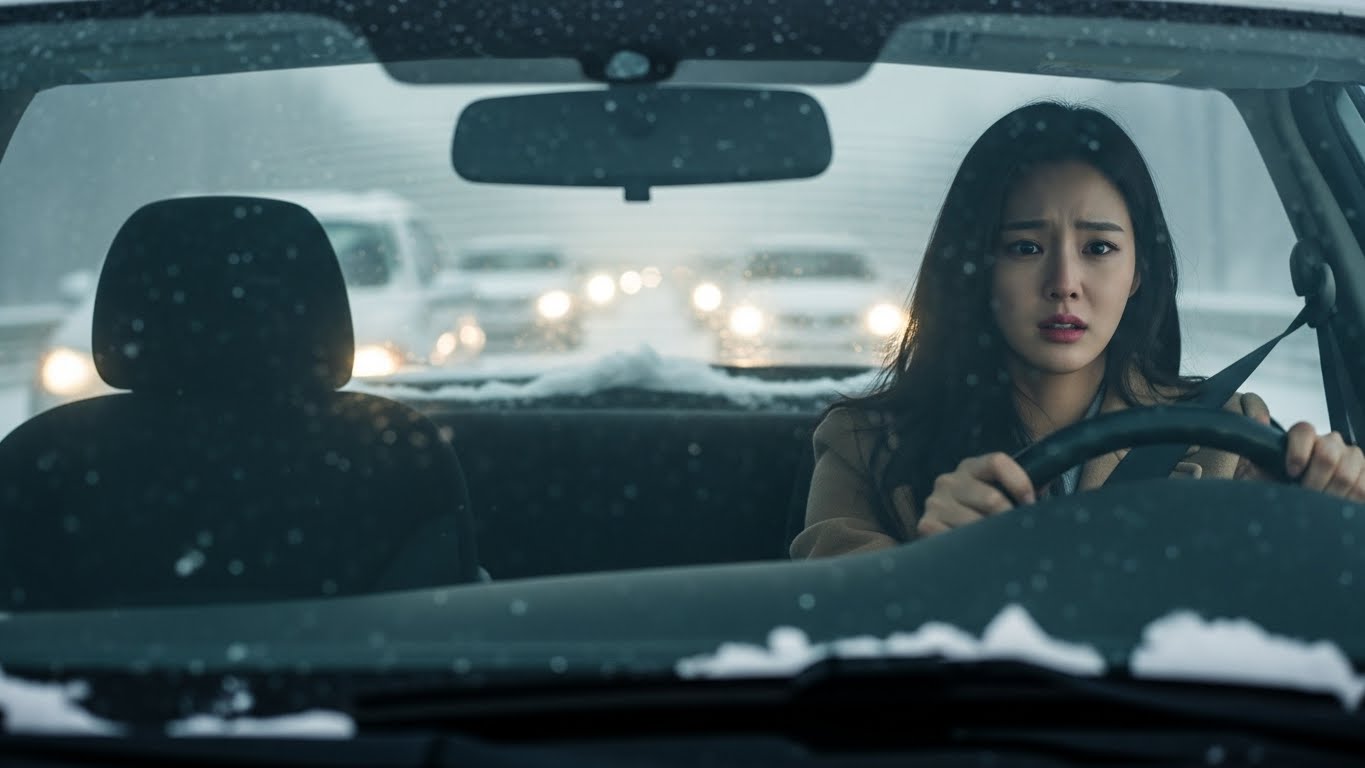 폭설에 운전하는 여성