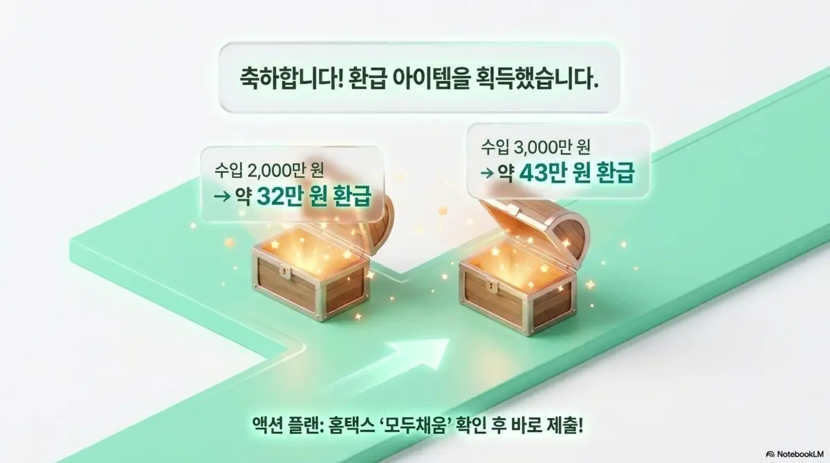종소세 단순경비율 기준경비율: 연 수입 2,000만 원은 약 32만 원 환급 · 3,000만 원은 약 43만 원 환급이라는 시뮬레이션 결과를 보물상자 일러스트로 표현한 이미지. 단순경비율 구간에서 3.3% 원천징수 환급이 발생하는 구조를 시각적으로 전달하며 프리랜서 경비율 연소득별 환급액을 설명함
