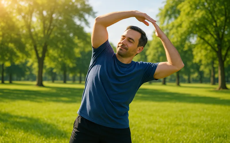 40대 남성이 체력 회복을 위해 아침 스트레칭을 하는 모습