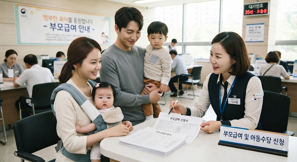 주민센터에 방문해 부모급여 신청하는 부모의 모습