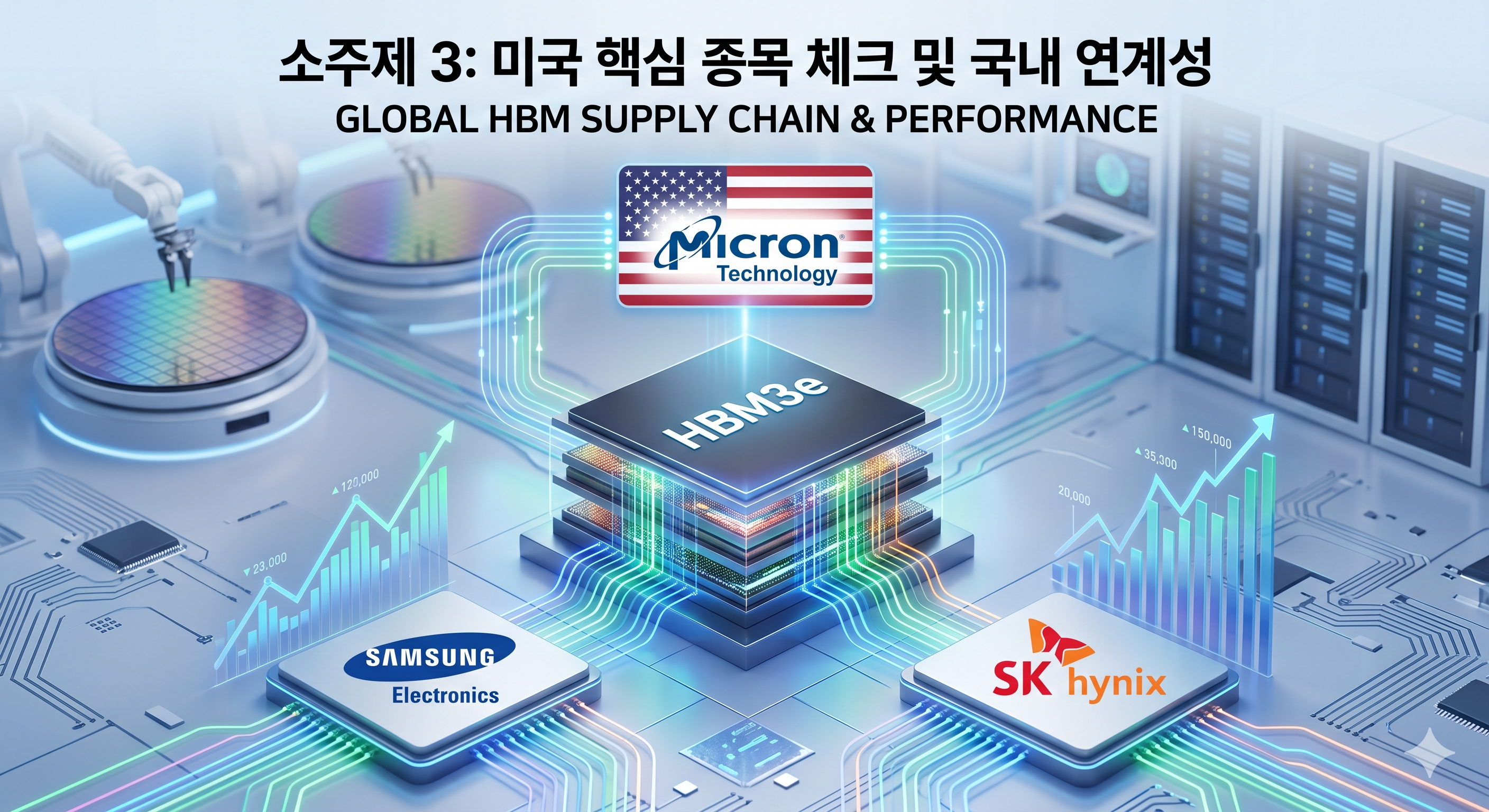반도체 웨이퍼와 HBM 메모리 칩 실물 그래픽