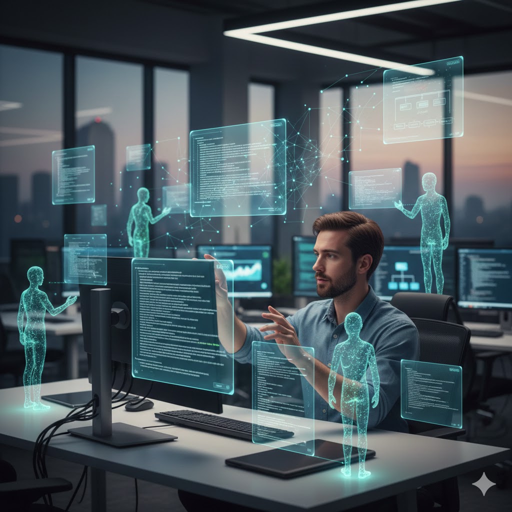 미래 지향적인 사무실에서 한 남성 개발자가 컴퓨터 앞에 앉아 홀로그램 형태의 AI 에이전트들과 함께 코드를 검토하고 상호작용하는 모습. 화면과 주변 공간에 다양한 코드 조각과 데이터 시각화가 떠 있으며, 개발자는 손짓으로 홀로그램 인터페이스를 조작하고 있다. AI 에이전트들은 사람 형상의 푸른색 와이어프레임으로 표현되어 개발자를 둘러싸고 있다.