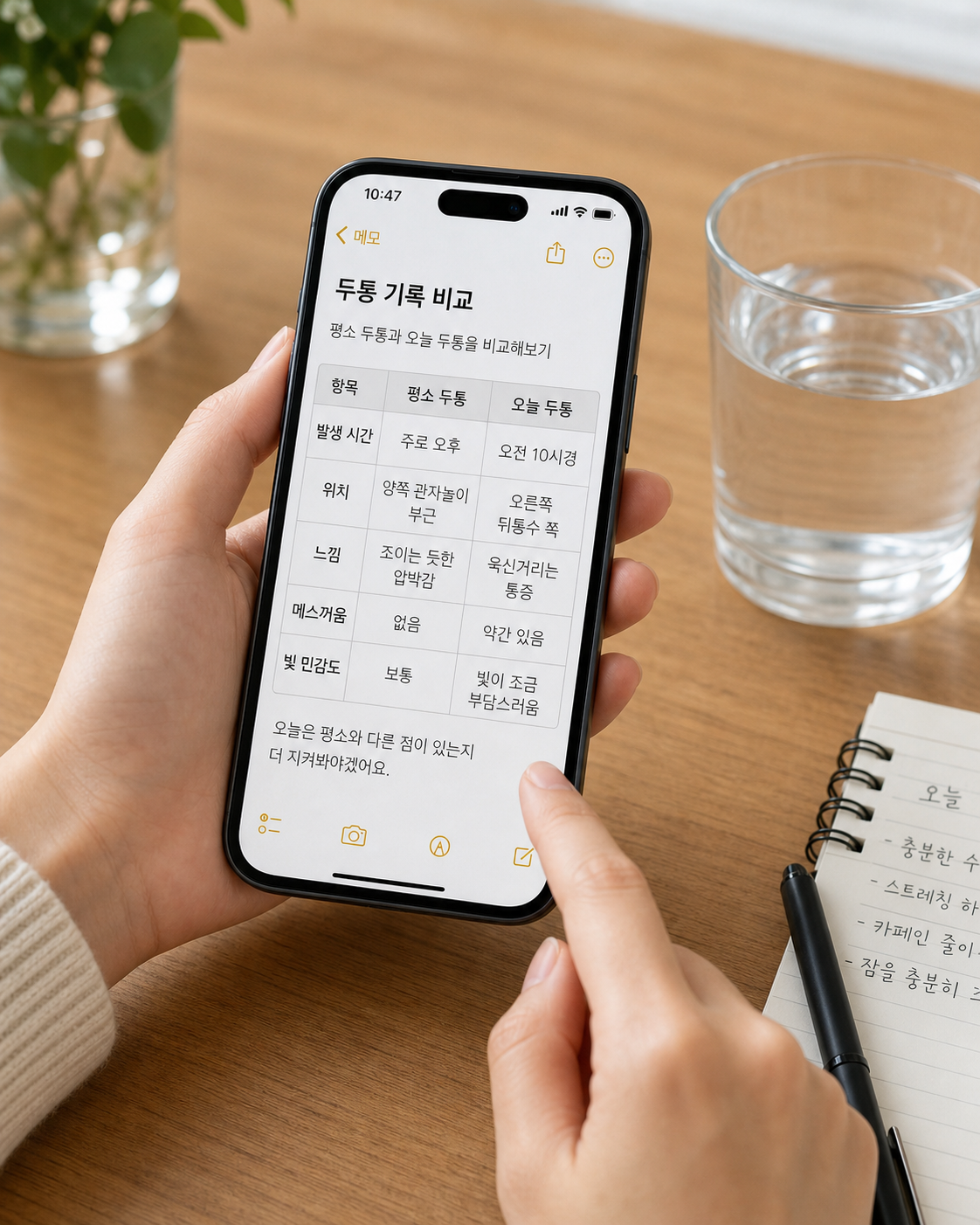 편두통처럼 느껴지는 두통을 병원 가기 전 휴대폰에 정리하는 모습
