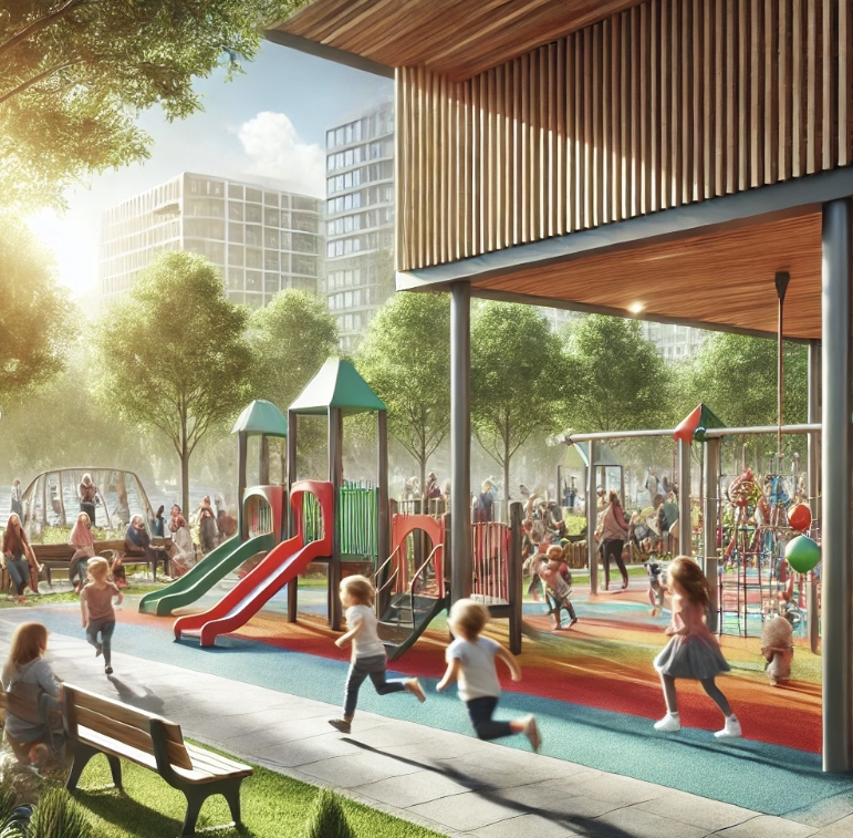 큰 놀이터에서 많은 아이들이 뛰어노는 사진