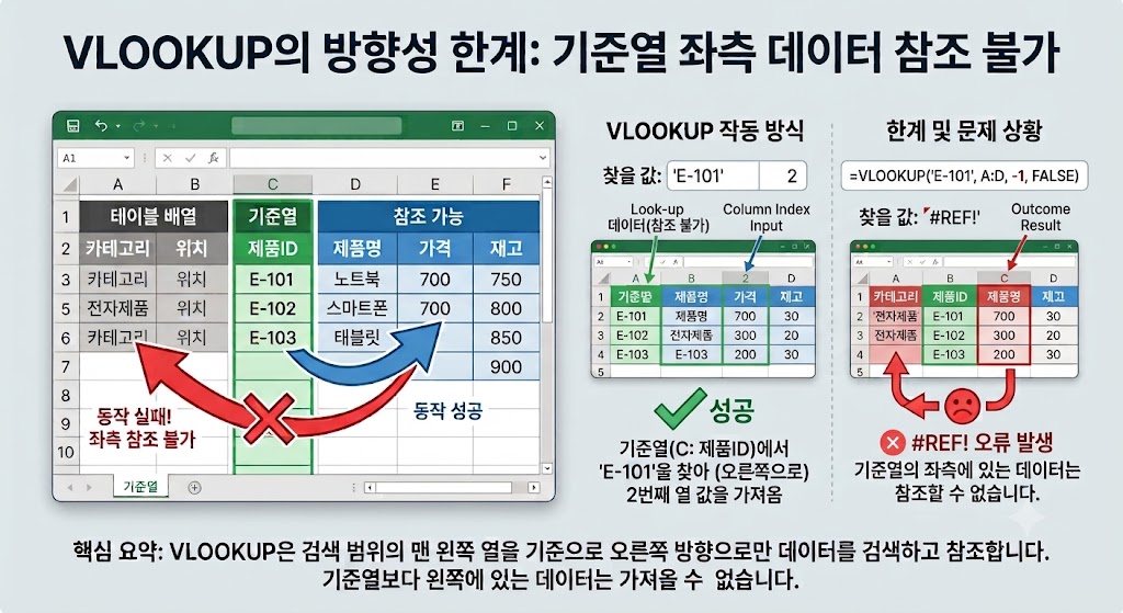 VLOOKUP 함수가 기준열 좌측 조회를 지원하지 못해 오류가 발생하는 구조를 보여주는 다이어그램