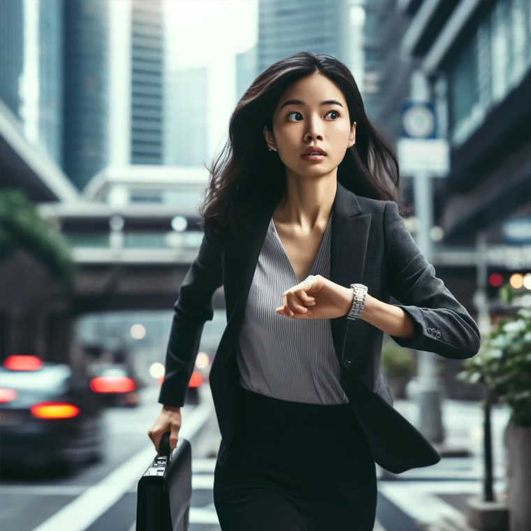 바쁘게 거리를 뛰어가고 있는 젊은 직장인 여성.