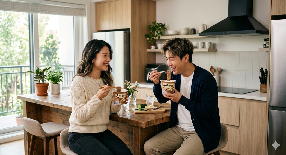 세련된 주방에서 컵 형태의 냉면을 간편하게 즐기는 젊은 남녀