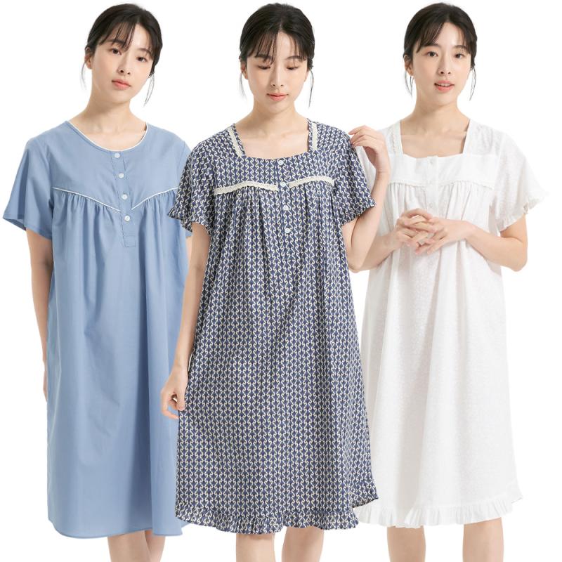 메이플라워 아사면 반팔 빅사이즈 파자마 여름 여성 순면 원피스 잠옷