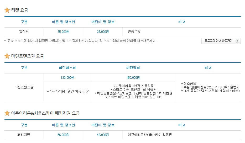 롯데타워 아쿠아리움 요금표