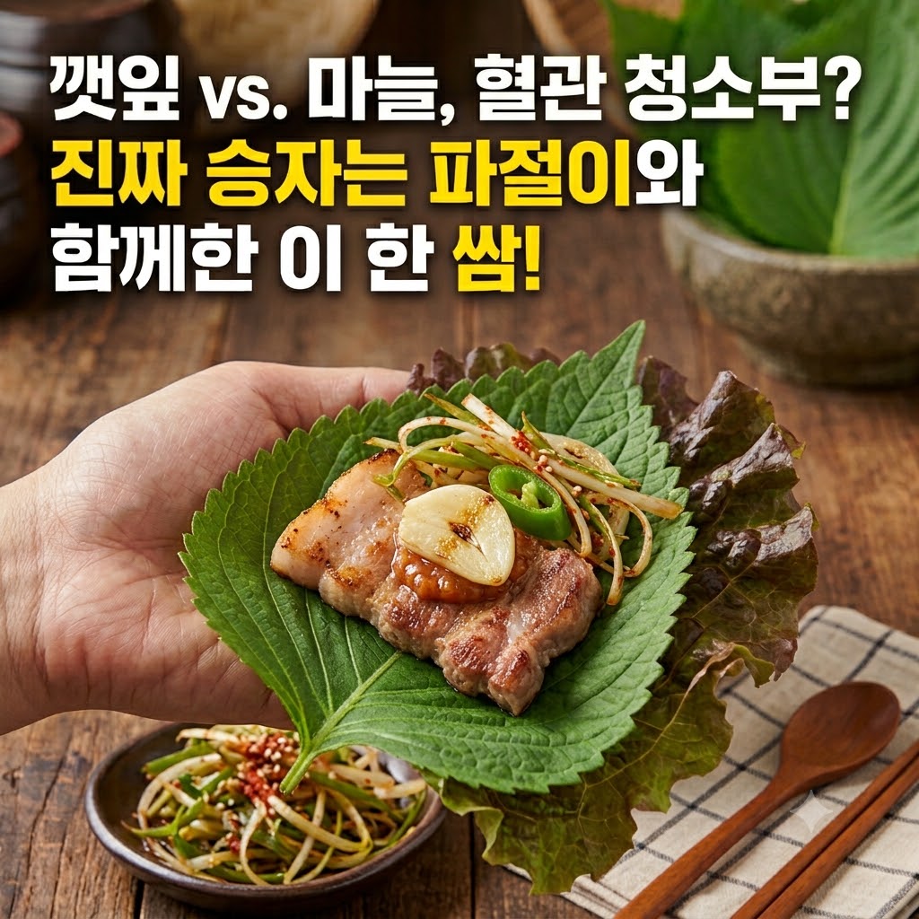 깻잎 위에 구운 삼겹살, 파절이, 마늘, 고추를 올려 쌈을 싸 먹는 모습. 배경에는 파절이가 담긴 그릇과 "깻잎 vs. 마늘, 혈관 청소부? 진짜 승자는 파절이와 함께한 이 한 쌈!"이라는 텍스트가 있다. 시각 장애인을 위해 깻잎 위에 삼겹살, 파절이, 마늘, 고추가 올려진 쌈의 모습을 구체적으로 설명하는 대체텍스트입니다