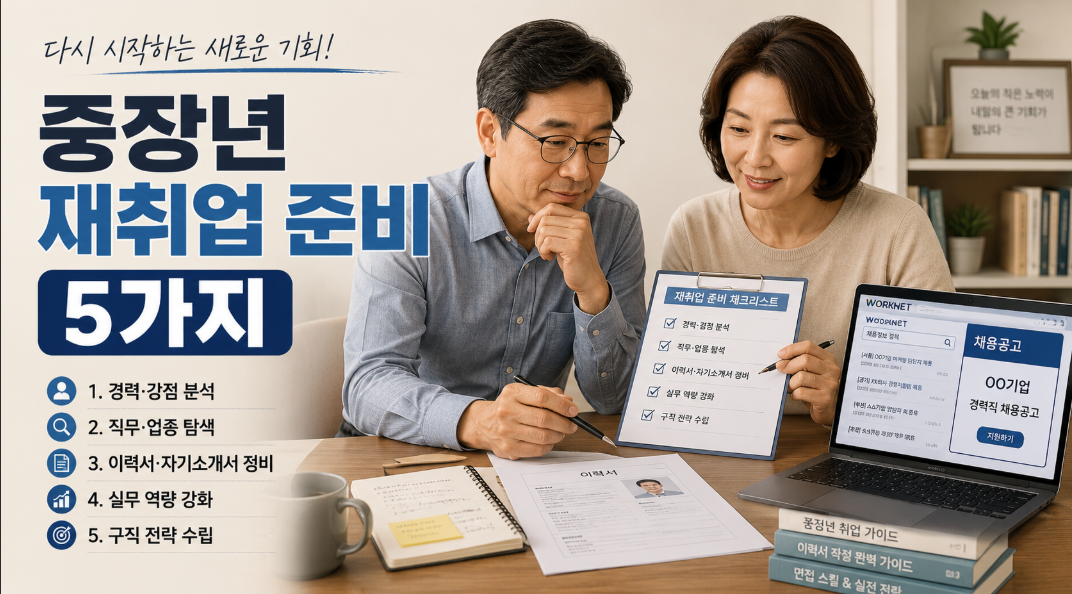 중장년 재취업 준비를 위해 이력서보다 먼저 점검할 5가지를 확인하는 모습
