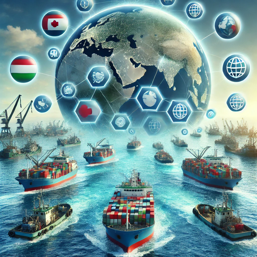 국제 어족 자원 보호 협력을 상징하는 이미지, 여러 국가의 어선이 협력하여 해양 생태계와 지속 가능한 어업을 위한 국제적 협약과 데이터 공유를 상징