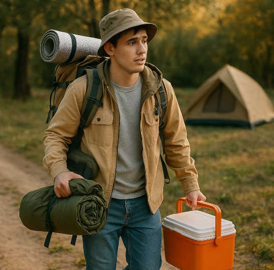 초보 캠핑자가 장비들고 캠핑하는 모습