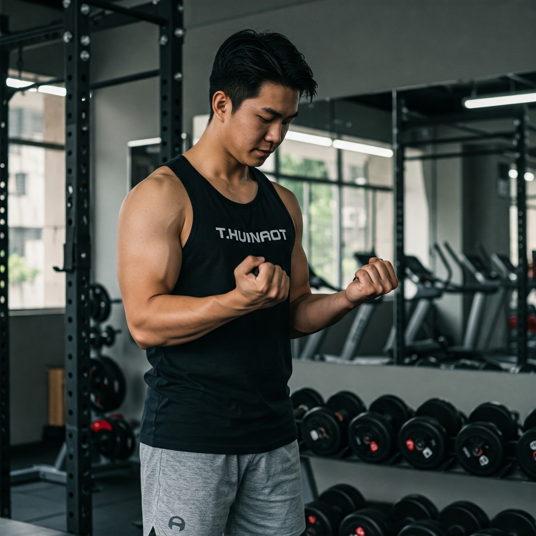 헬스장에서 주먹을 꽉 쥐고있는 남성