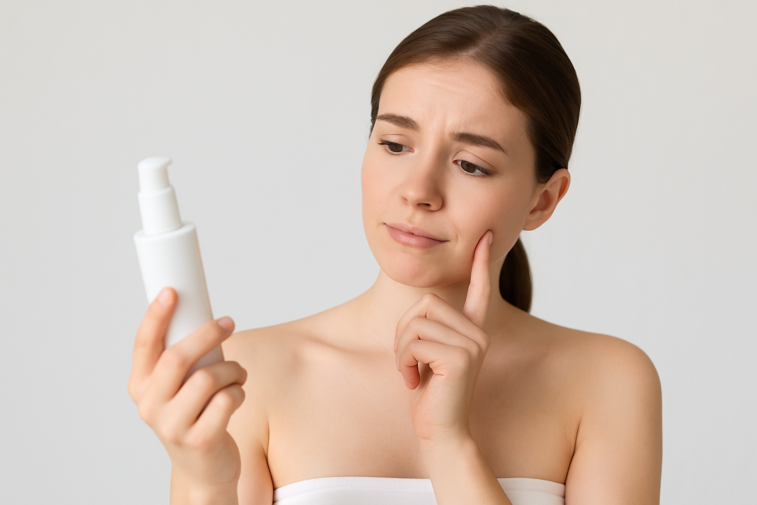 여성이 화장품을 바라보며 성분을 읽고 있는 이미지