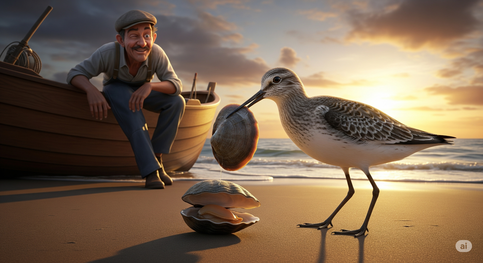 도요새를 물고 있는 조개를 보며 어부가 웃고 있는 이미지