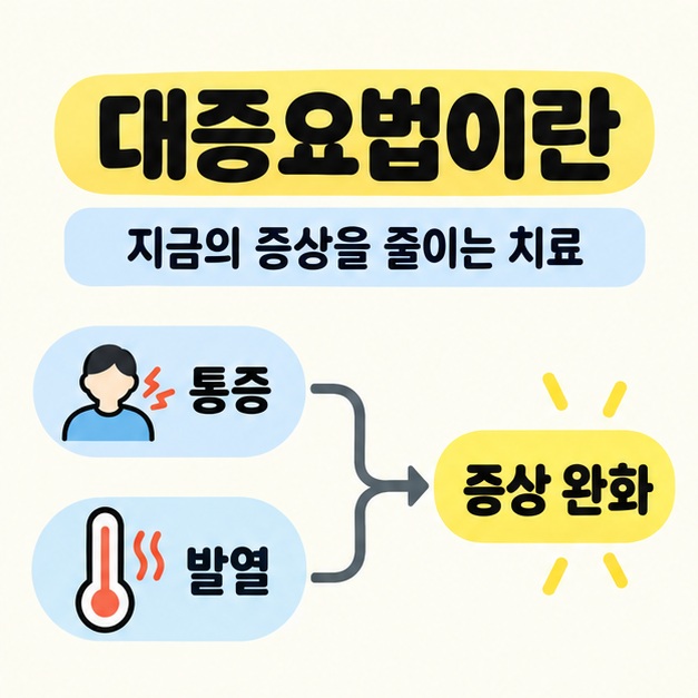 대증요법이란 제목과 지금의 증상을 줄이는 치료라는 설명 아래 통증과 발열을 증상 완화로 연결한 도식