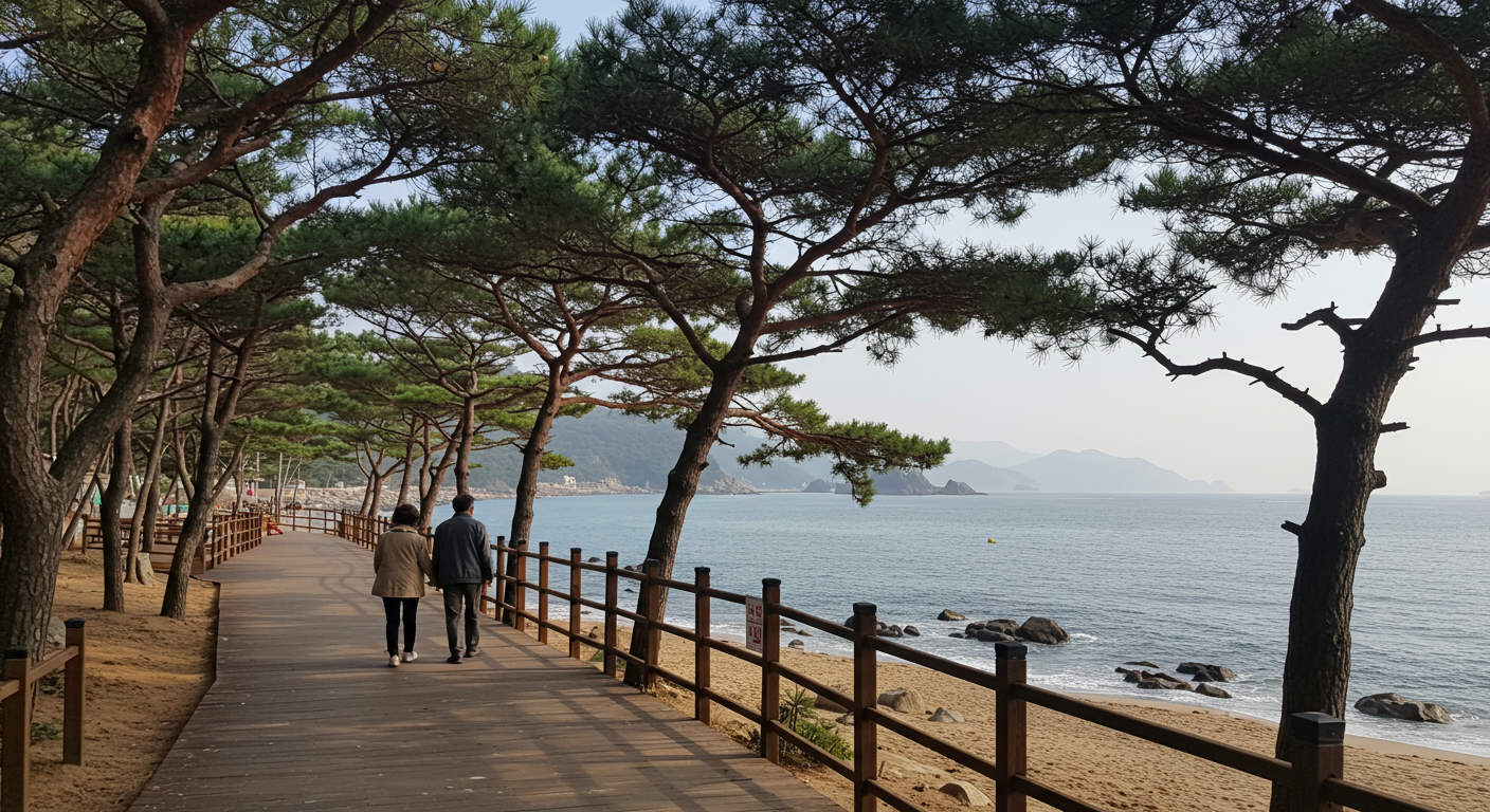 해운대 동백섬 데크길 산책과 바다뷰 카페에서 휴식하는 모습