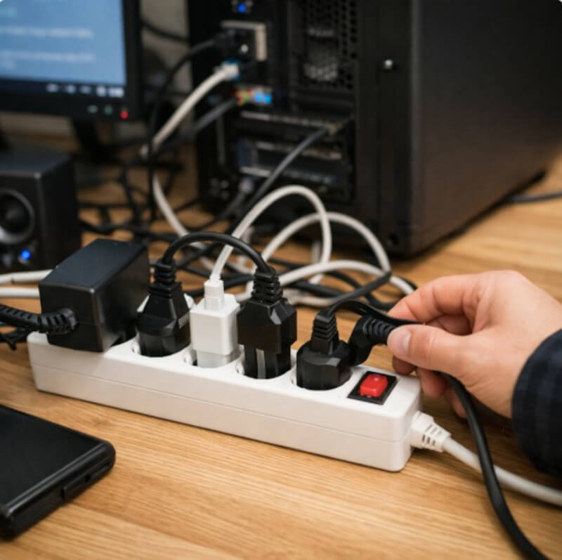 멀티탭 연결 상태에서 컴퓨터 전원 문제 확인하는 모습