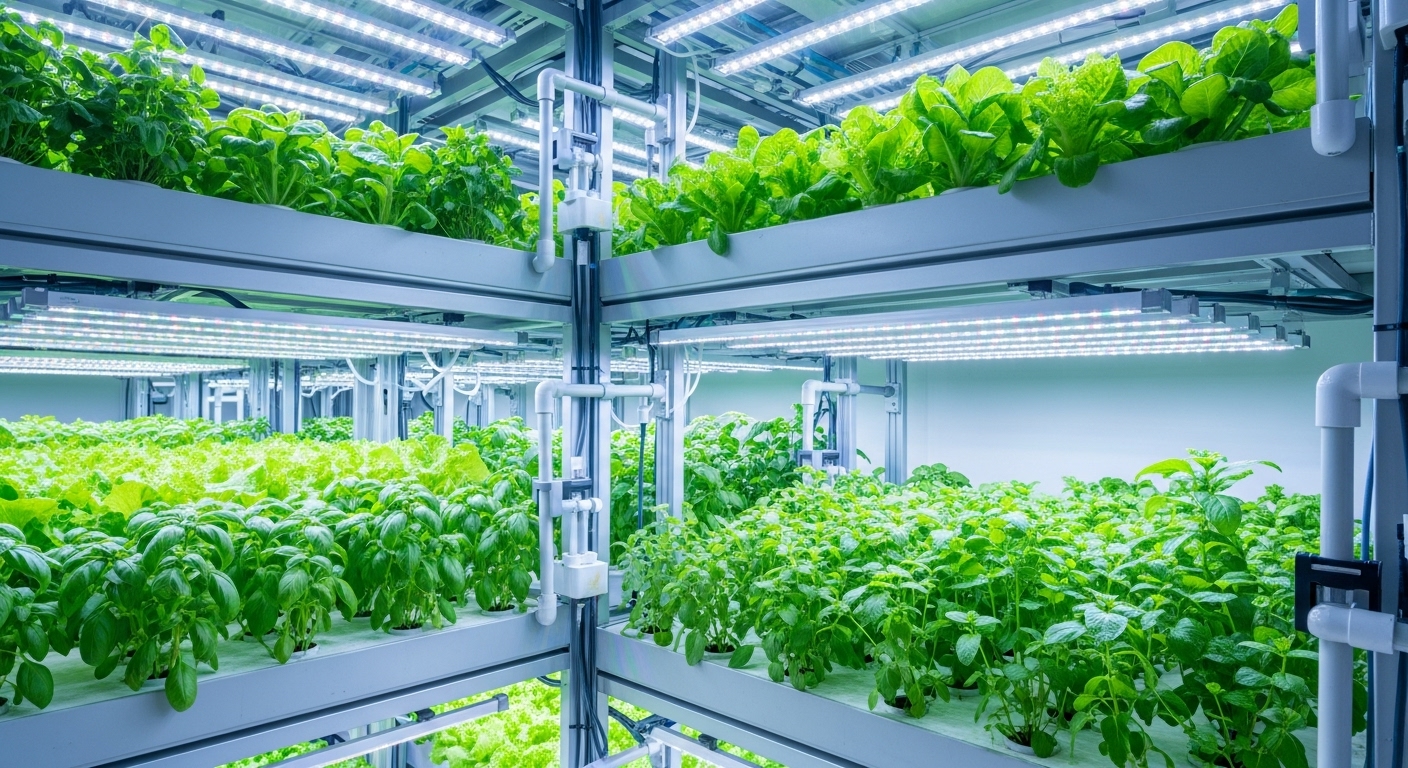 LED 조명 아래 다단으로 재배되는 신선한 채소들로 가득 찬 스마트 수직 농장 내부.