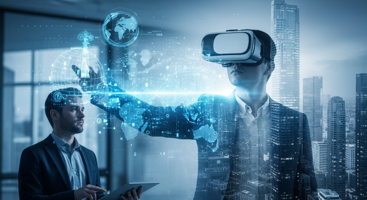 어떤 사람이 VR헤드셋 컴퓨터 vr블루 헬멧을 착용하고 무언가를 응시하고 있습니다.