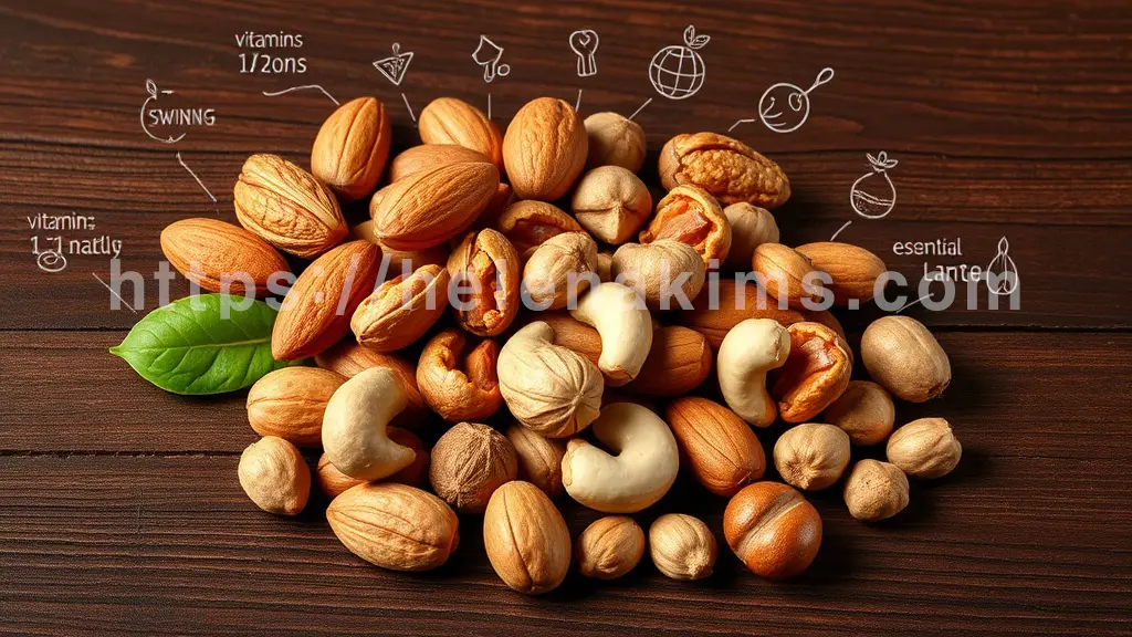 견과류 속에는 우리 건강에 이로운 여러 핵심 성분들이 풍부하게 담겨 있는 영양소 분석 이미지.