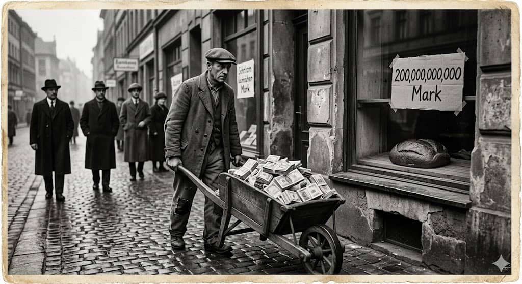 파일명: weimar_germany_1923_hyperinflation_banknotes_wheelbarrow_bread_price_history.jpg Alt 태그: 1923년 바이마르 공화국 하이퍼인플레이션 지폐 수레 빵값 역사 화극금 통화 붕괴 독일