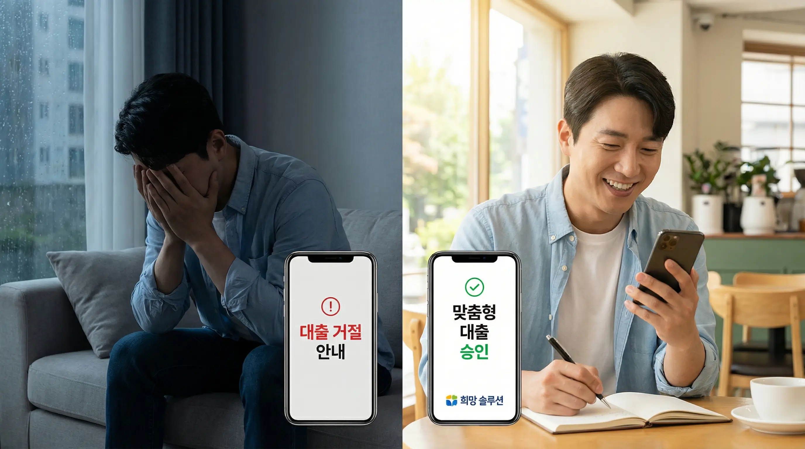 대출 거절 문자를 받고 좌절하는 모습과 해결책을 찾아 다시 희망을 갖는 사용자의 대비